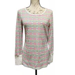 Aerie Womens Pink Blue Snowflake Fair Isle Waffle Knit Thermal Long Sleeve Top L